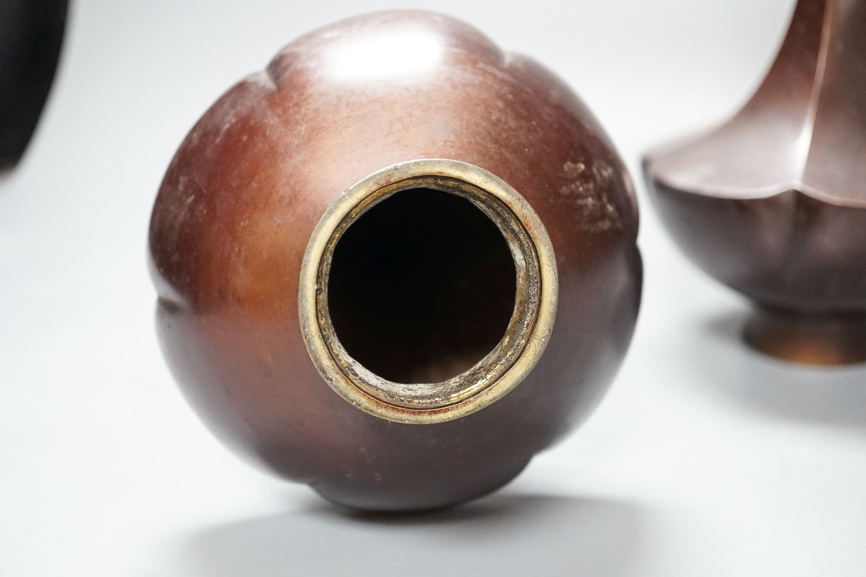 A pair of Japanese Meiji bronze bottle vases 31cm one base panel lacking